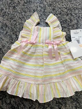 NWT Rare Edition Striped Pastel Ruffle Baby Dress with Pink Bows